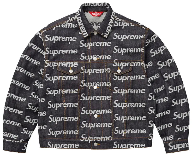 Supreme Jacquard Logos Denim Trucker Jacket 'Rigid Indigo'