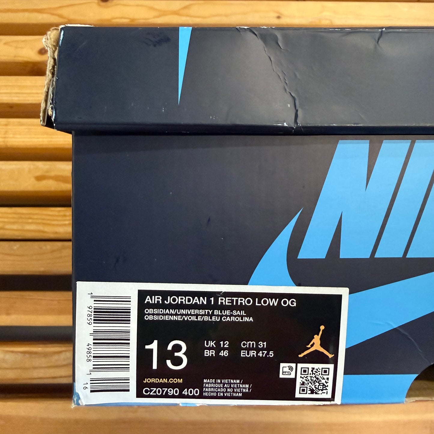 Size 13 - Jordan 1 Retro Low OG 'Obsidian UNC' (Used/Damaged Box)
