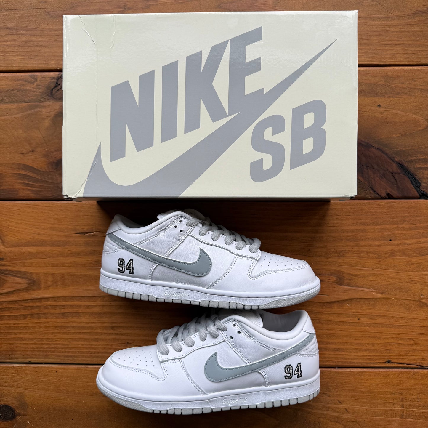 SIZE 8 - Supreme x Dunk Low SB 'White Metallic Silver' (Used)